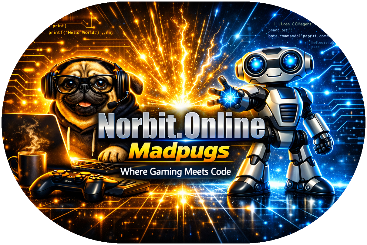 Madpugs — pug gamer and Norbit robot mascot